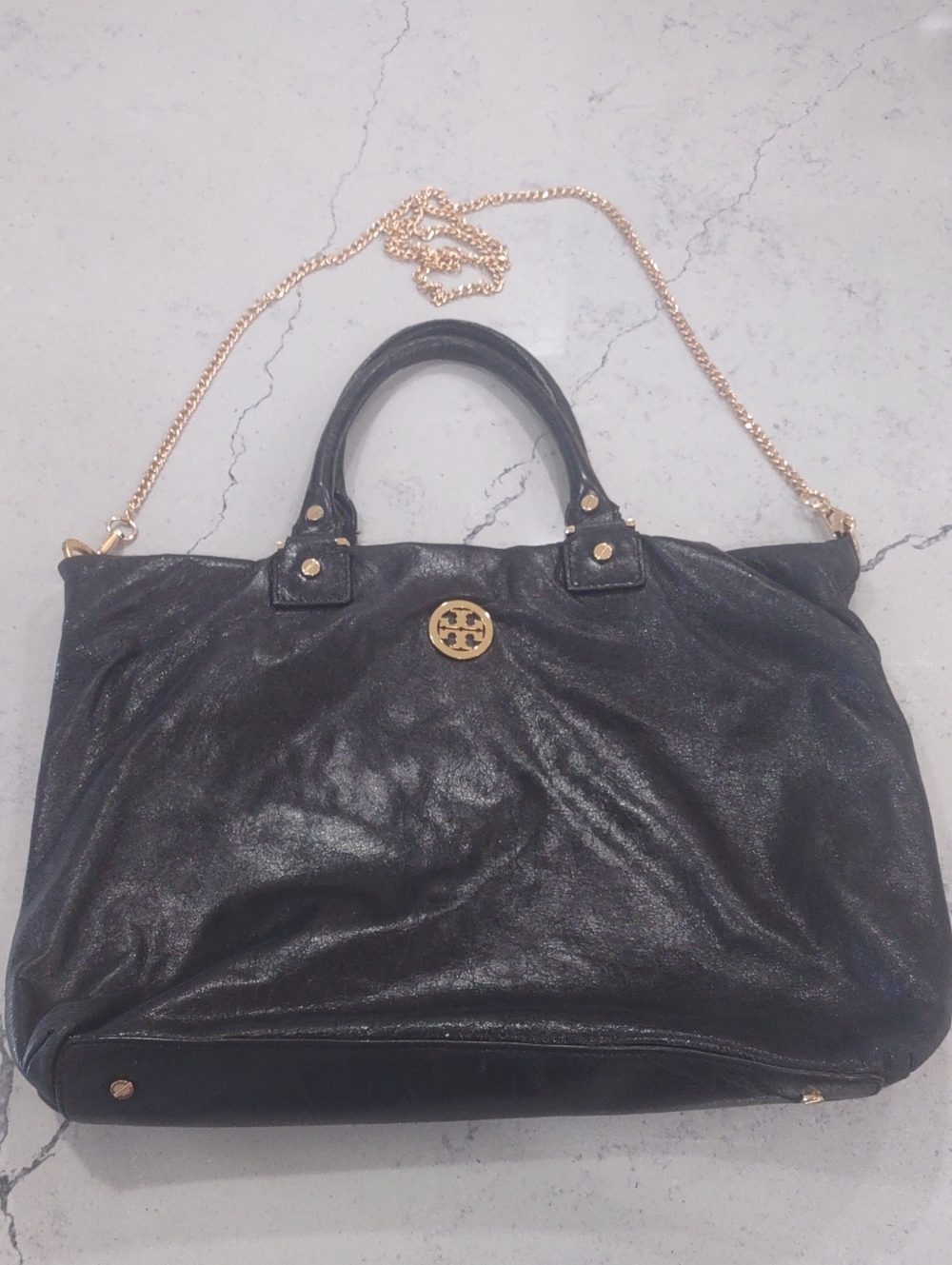 Tory Burch Black Leather Tote with Gold Tone Metal Chain Strap "Well Loved"